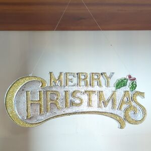 Vintage Glitter Gold And Silver Plastic Merry Christmas Sign